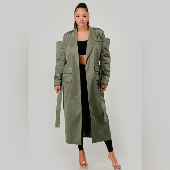 Olive Green Women's Trench Coat/with belt - Picture 3 of 8